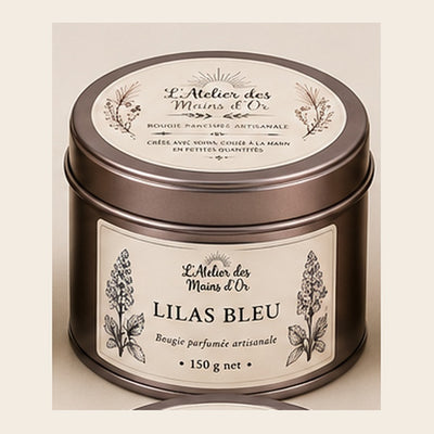 Bougie parfumee Lilas Bleu en boite metal anthracite, L'Atelier des Mains d'Or
