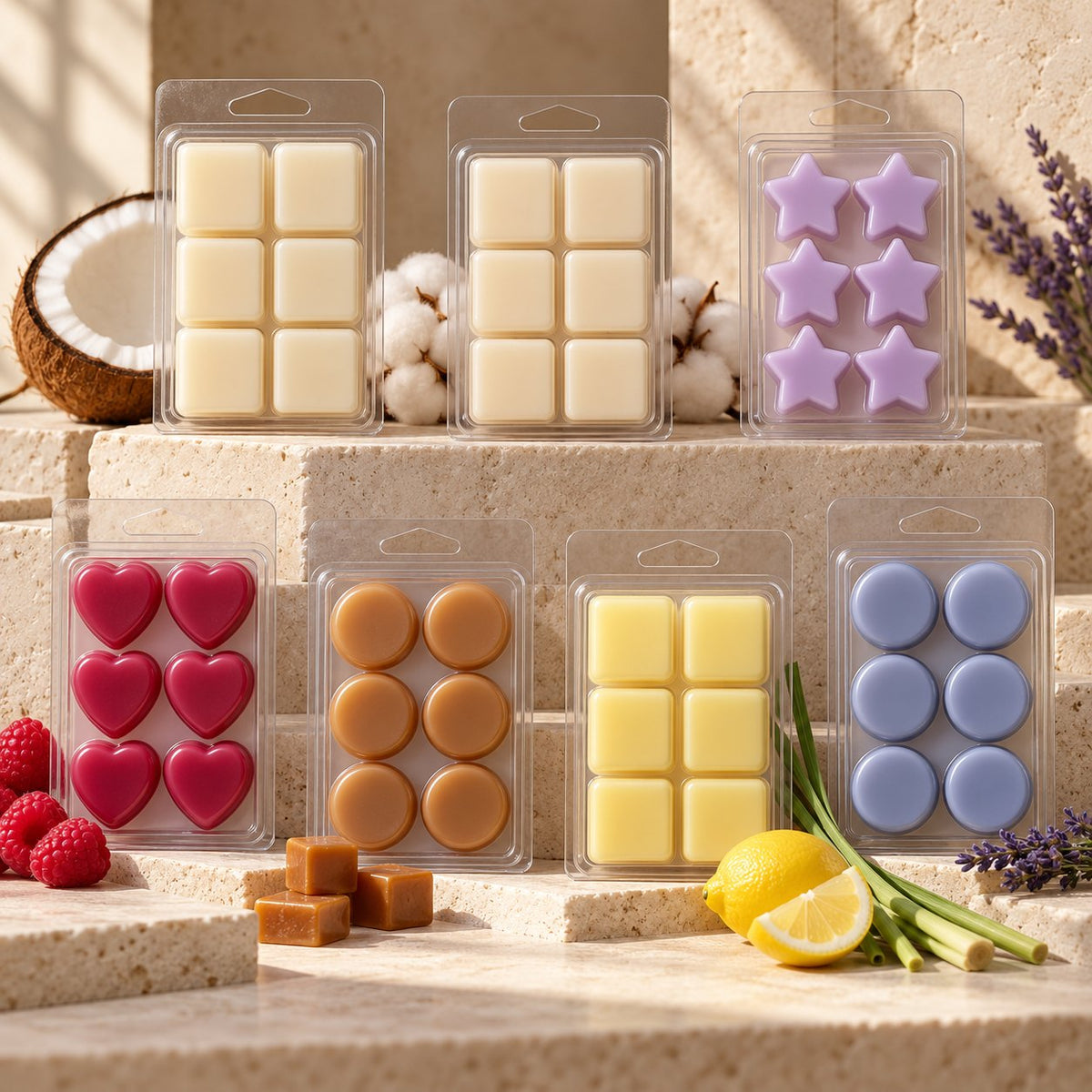 Les sept parfums de fondants de L'Atelier des Mains d'Or, coeurs, étoiles, ronds et cubes