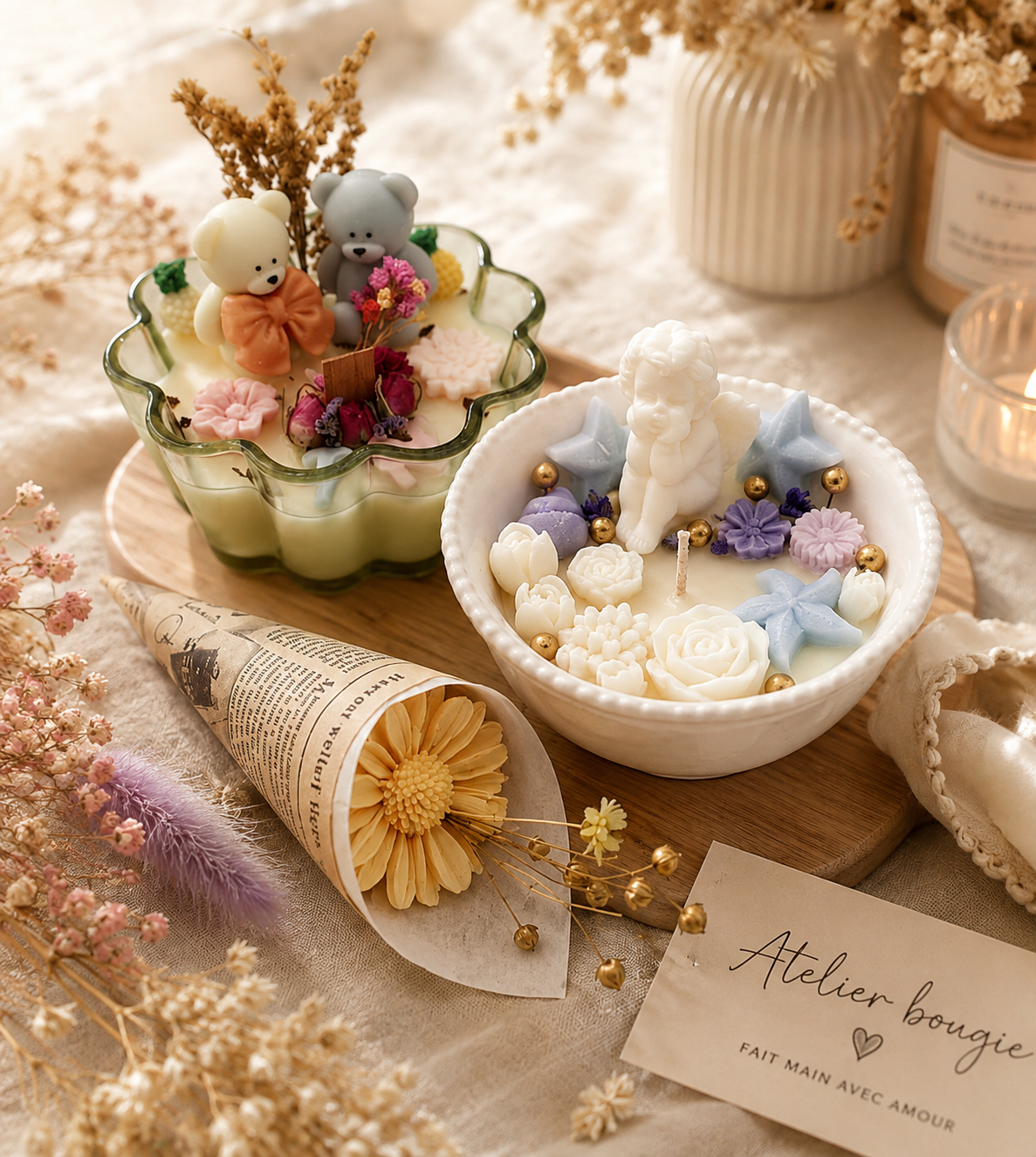 Bougies décorées et fleur en cire créées à l'atelier bougie, L'Atelier des Mains d'Or