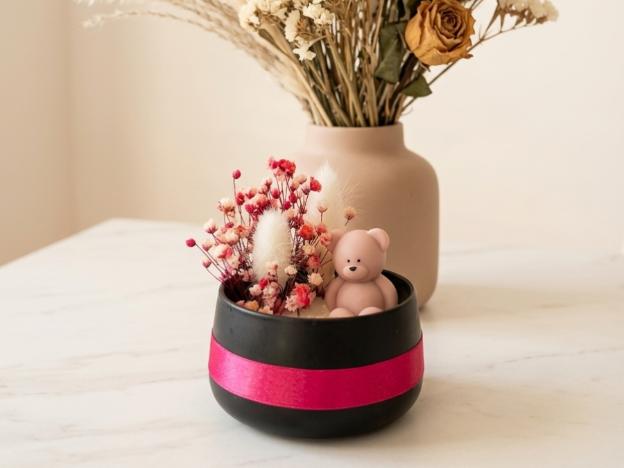 Bougie ourson et gypsophile rose dans un pot noir et fuchsia