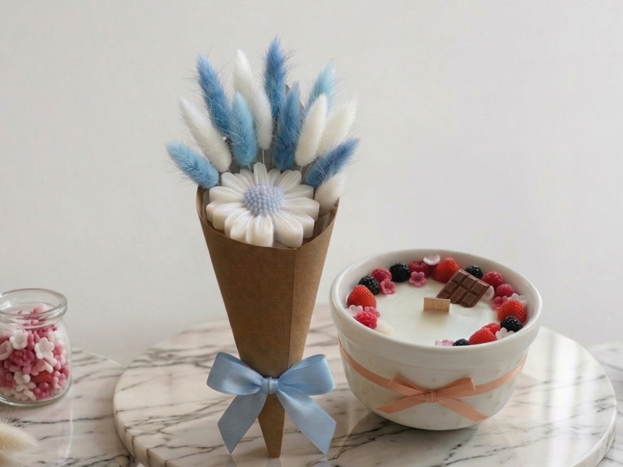 Bouquet de fleurs en cire bleu et blanc et bougie aux fruits rouges