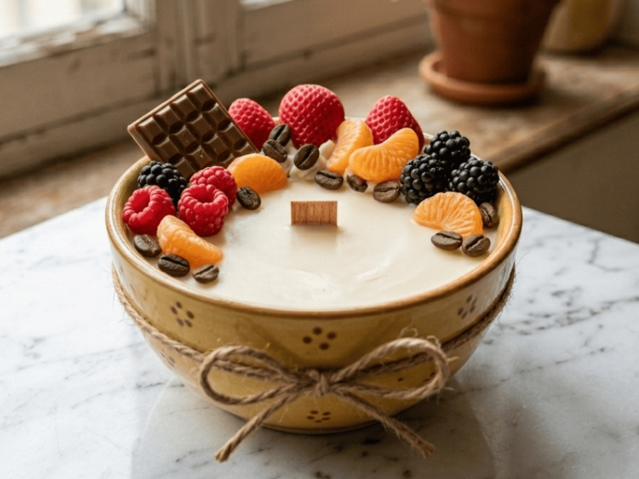 Bougie gourmande décorée de fruits, chocolat et grains de café en cire